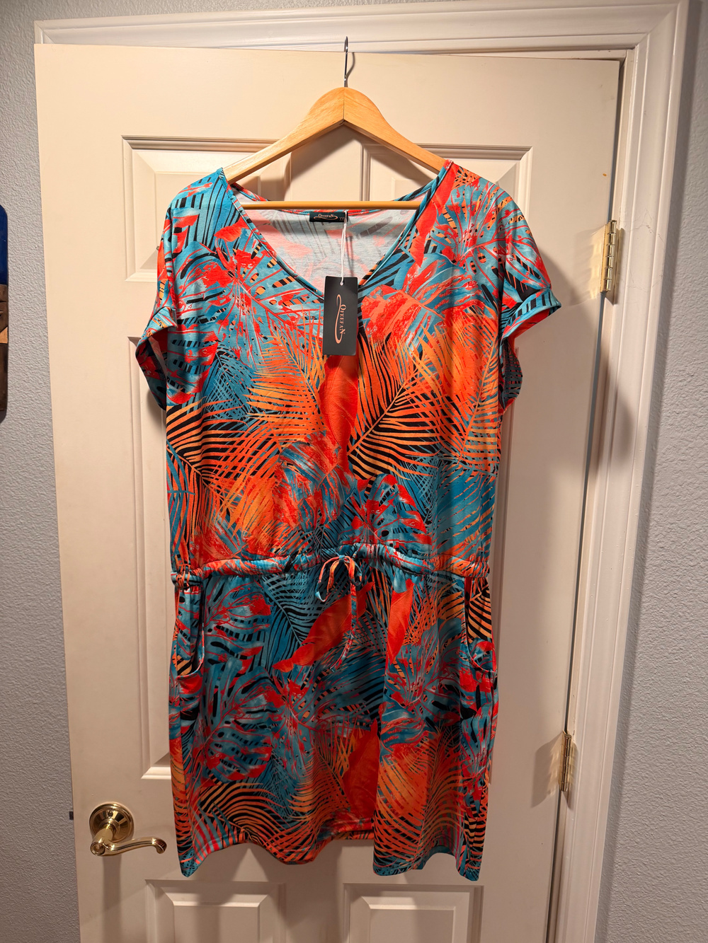 Ofeefan Tropical Print V Neck Drawstring Dress XXL